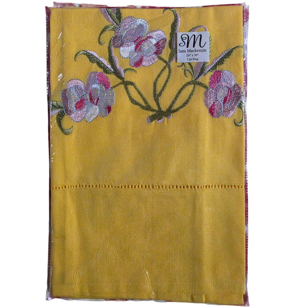 Vintage Yellow Floral Embroidered Tea Towel Kitchen Dish Towel Cottagecore